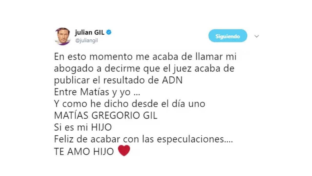 Así confirmó Julián Gil públicamente que Matías era su hijo biológico.