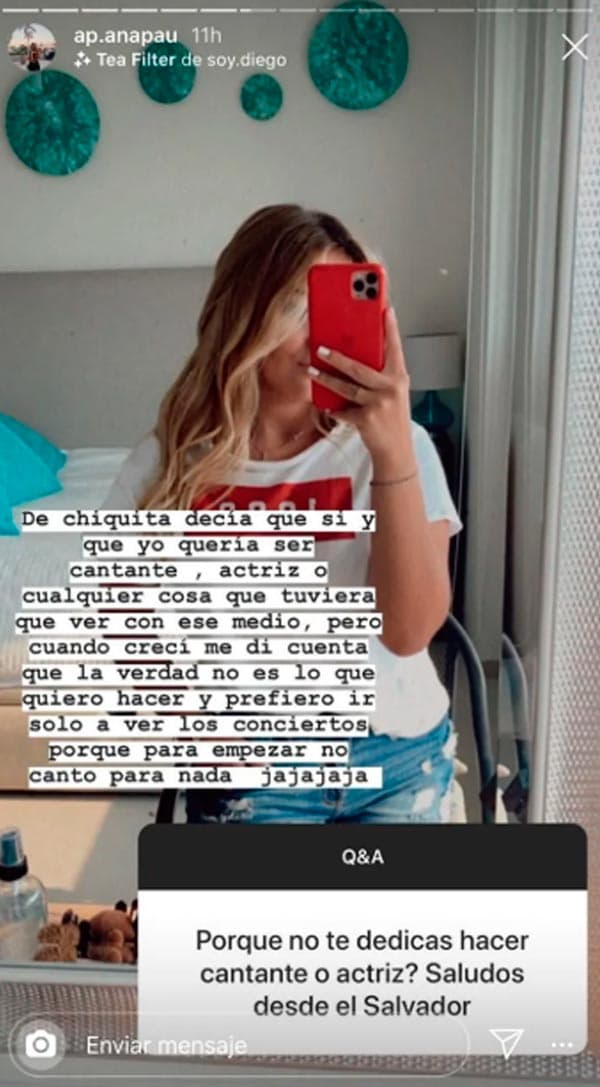 "
<b>De chiquita decía que sí y que yo quería ser cantante</b>, actriz o cualquier cosa que tuviera que ver con ese medio, pero cuando crecí me di cuenta que la verdad no es lo que yo quiero hacer". 
<br>