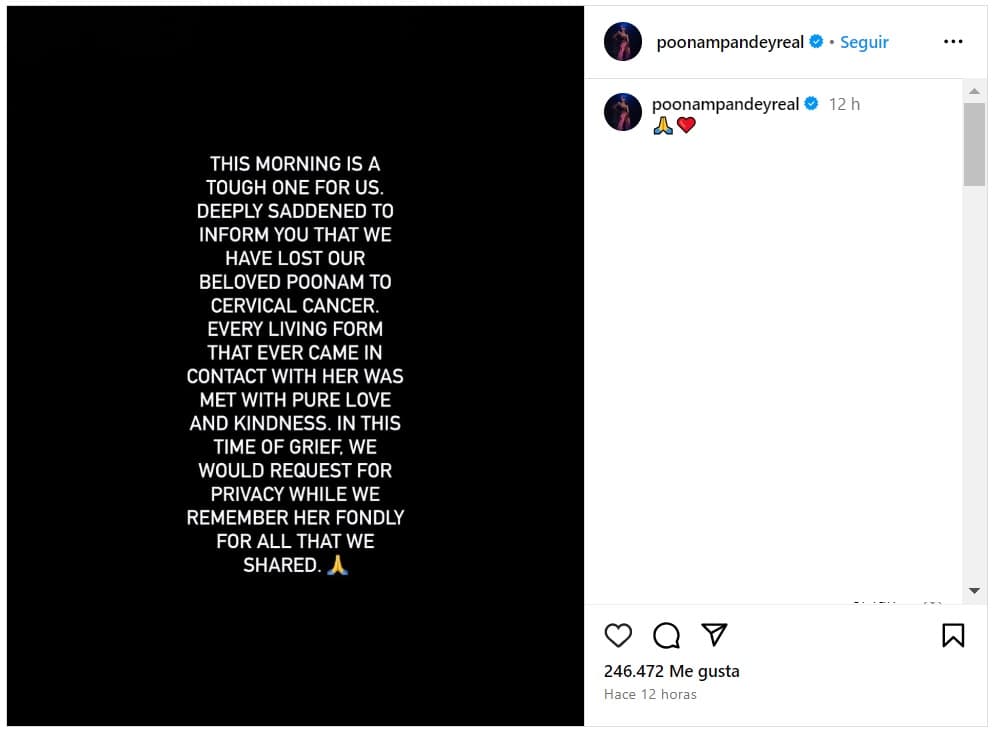 La noticia de la muerte de Poonam Pandey se difundió en Instagram.