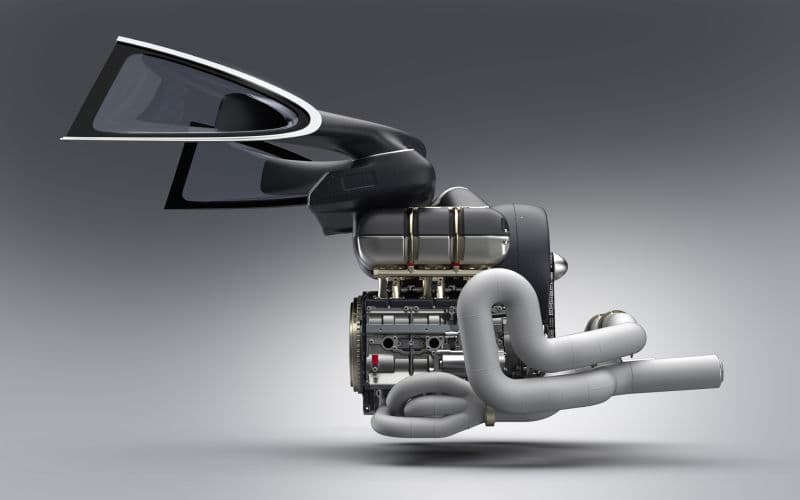 Materiales exóticos y carísimos, como el 
<b>carbono</b> de su filtro de aire, la
<b> fibra de carbono</b> en las trompetas de admisión del cuerpo de aceleración de 
<b>aluminio</b>, el 
<b>titanio</b> en las bielas y en el sistema de escape que también utiliza 
<b>Inconel</b> (búsquenlo en Google) abundan en la composición de esta planta motriz.