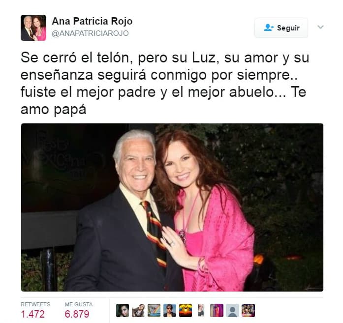 El pasado sábado 22 de abril el primer actor
<b><a href="http://www.univision.com/temas/gustavo-rojo">Gustavo Rojo</a></b> perdió la vida a los 93 años de edad, su hija, la actriz
<b><a href="http://www.univision.com/temas/ana-patricia-rojo">Ana Patricia Rojo</a></b> lo confirmó en la red social Twitter con un emotivo mensaje. Decenas de actores se sumaron al dolor y expresaron sus condolencias a la actriz.
