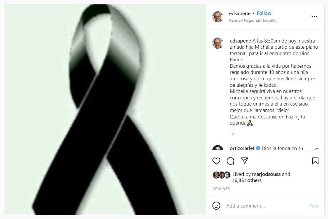 Eduardo Sapene informó sobre la muerte de su única hija Michelle Sapene.