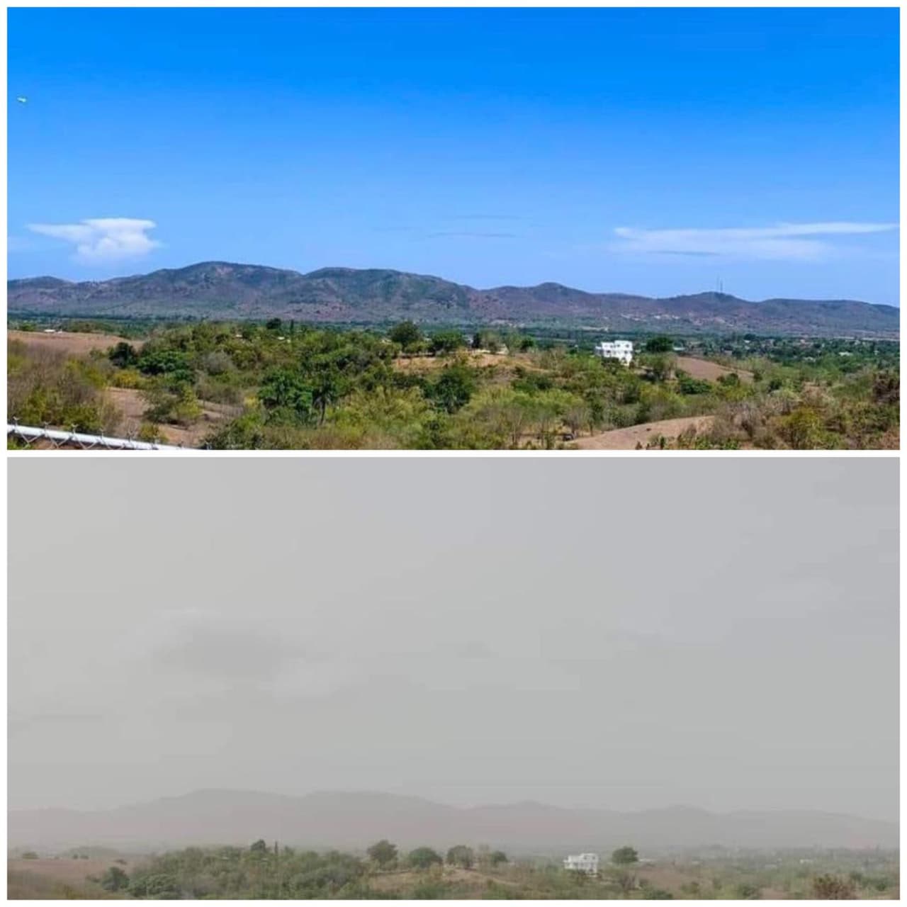 Así se veía el paisaje de Cabo Rojo el Día de los Padres, y así se ve este lunes, afectado por el polvo de Sahara.
