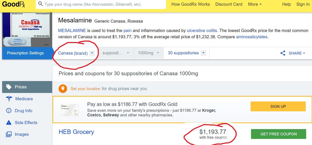El precio del medicamento de marca de la mesalamina baja de 1,1193 dólares a 330 dólares si se opta por la versión genérica. GoodRX ofrece una casilla donde puedes seleccionar la visualización de medicamento de marca o del genérico en caso de que lo haya.