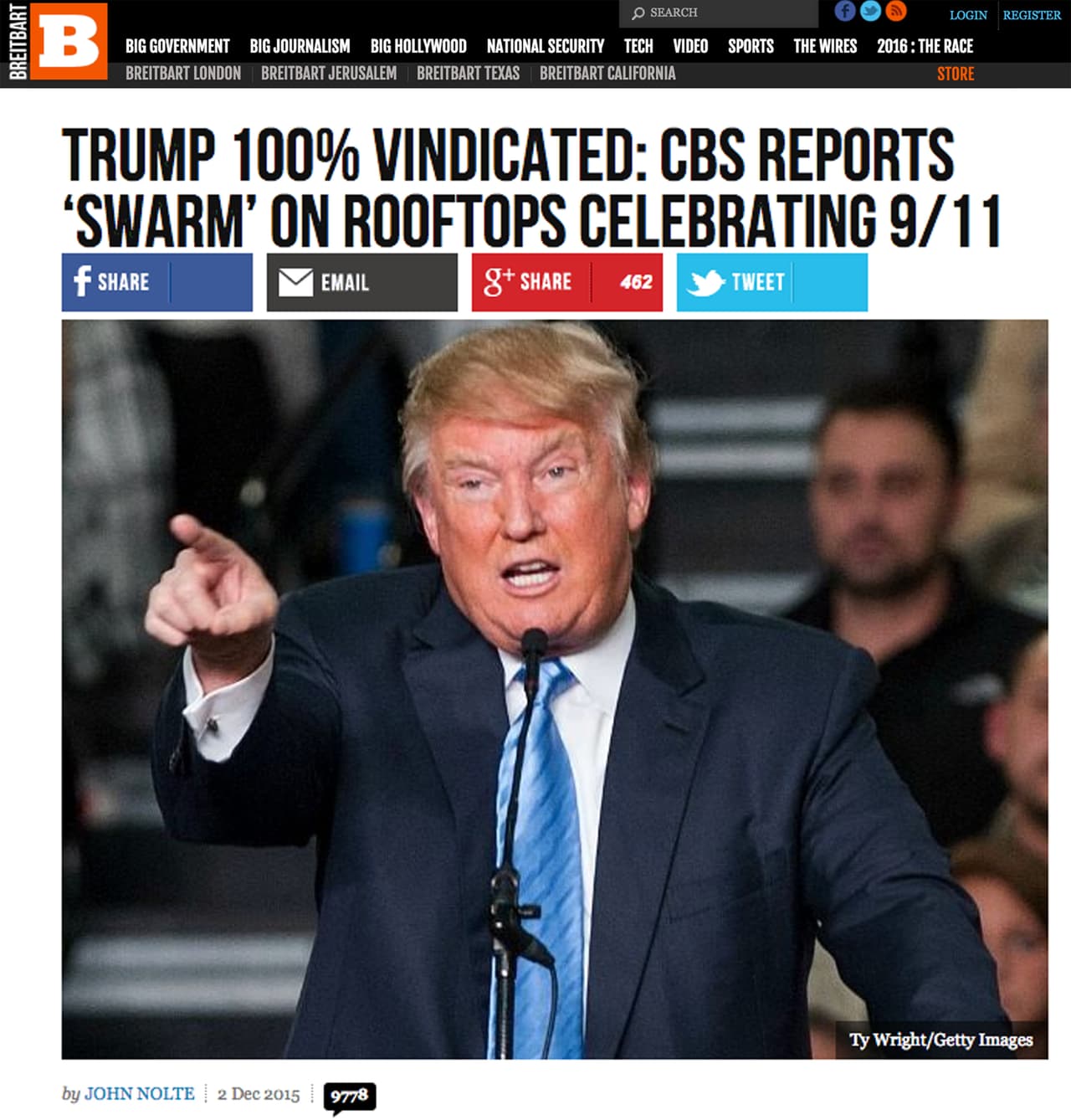 "Trump reivindicado al 100%: CBS reporta 'multitud' sobre azoteas celebrando el 9/11". Este rumor, que se esparció desde los ataques en Nueva York, fue repetido en distintas ocasiones por el mismo magnate, a pesar de haber sido desmentido en los medios.