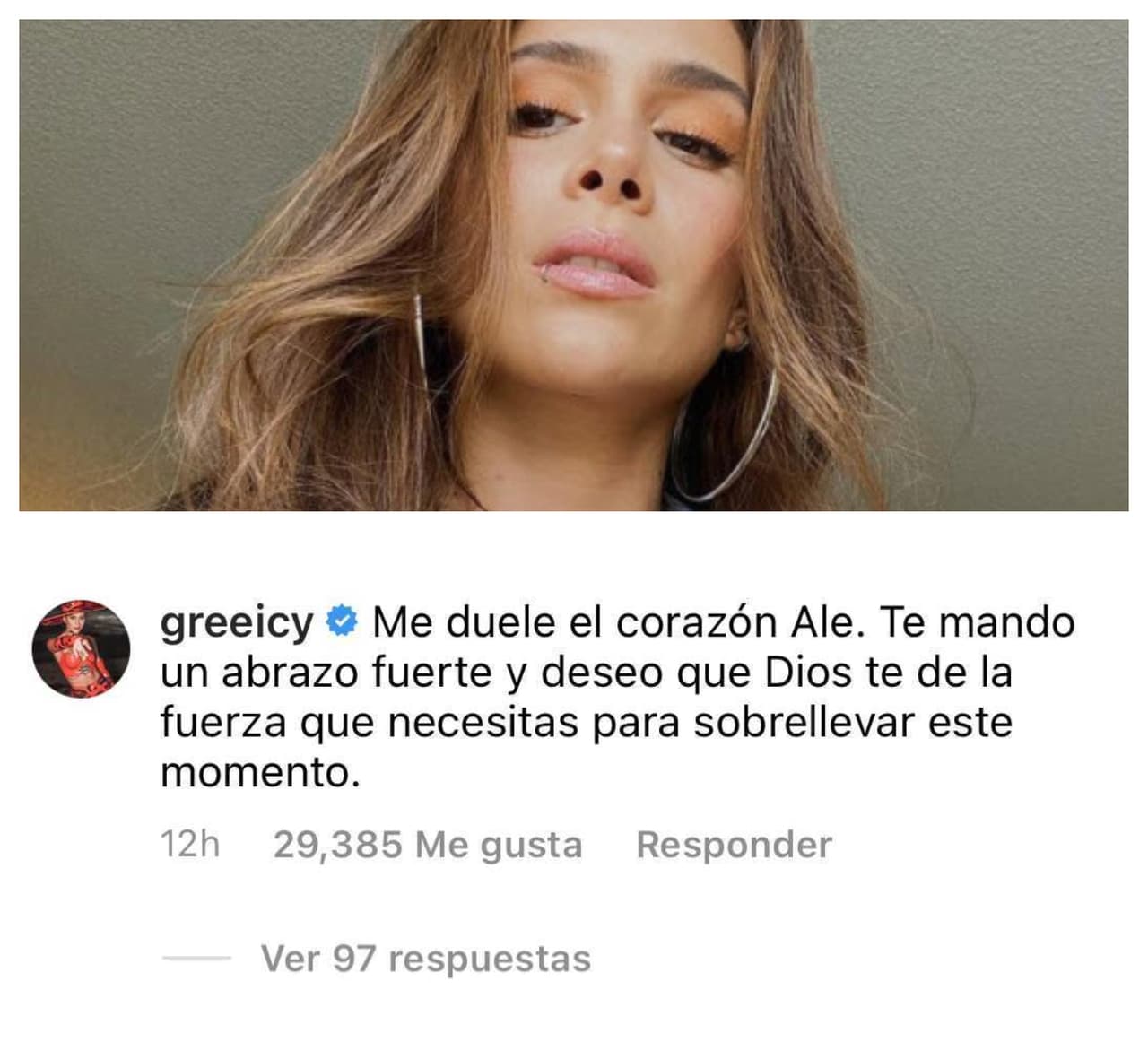 La actriz y cantante Greeicy Rendón es una de las famosas que ha quedado impactada con la noticia y le mandó un abrazo a la novia del actor. 
<br>