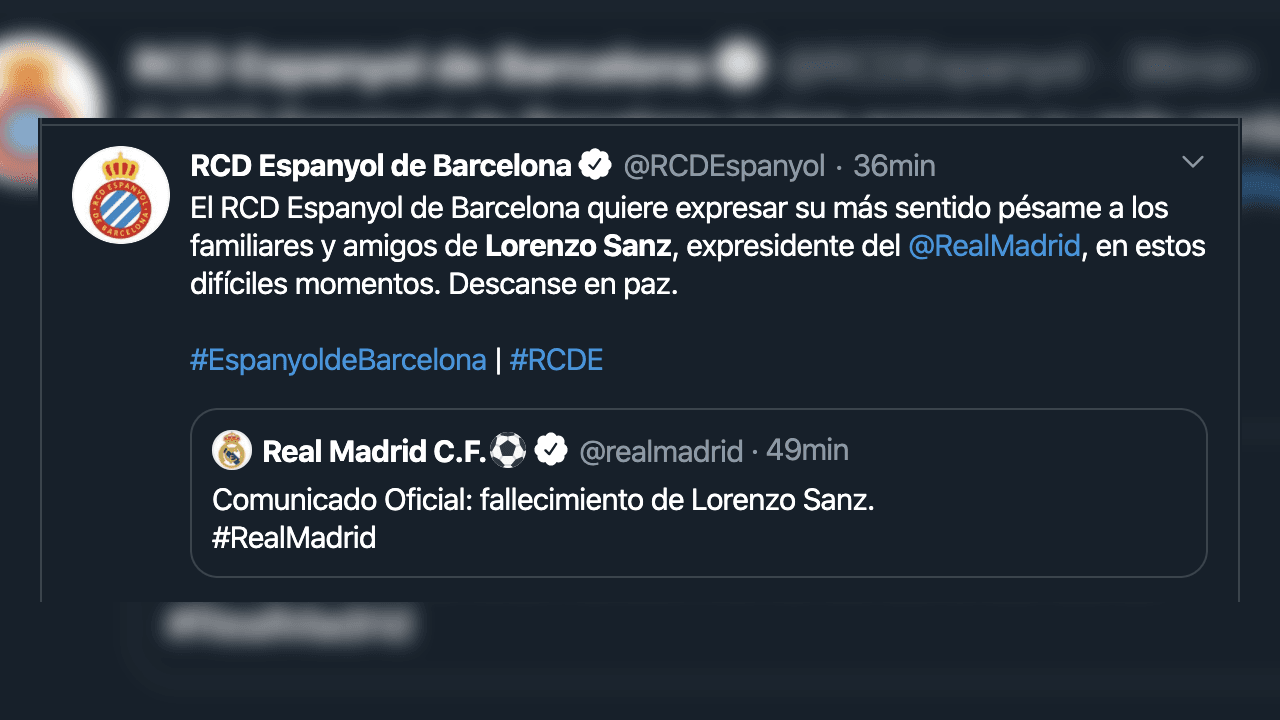 El madridismo reacciona y otorga sus condolencias a Lorenzo Sanz, quien falleció con 76 años a causa del coronavirus.