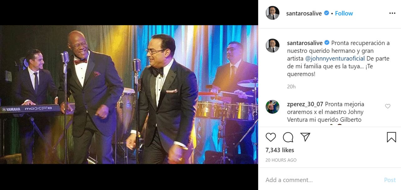 "
<b><a href="https://www.instagram.com/p/B-SvuxGhrzz/" target="_blank">Pronta recuperación a nuestro querido hermano</a></b> y gran artista Johnny Ventura", escribió Santa Rosa, "de parte de mi familia que es la tuya...¡Te queremos!".
<br>
