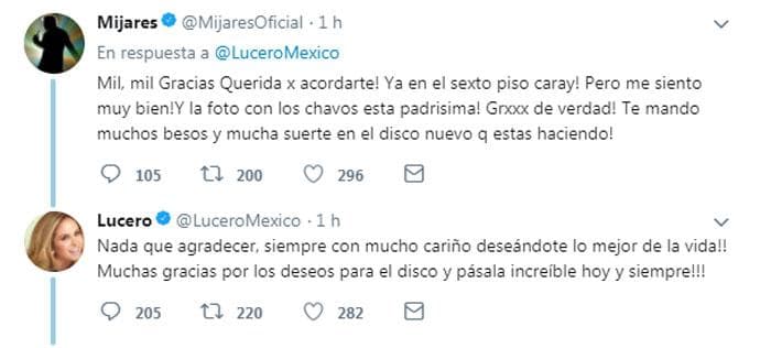 "¡Feliz cumpleaños, Mijares! ¡Que la vida te siga llenando de bendiciones, salud, éxito y todo lo bueno siempre! ¡Que tengas un día increíble y que este año sea maravilloso en todos los aspectos!", escribió Lucero en Twitter el pasado 7 de febrero.