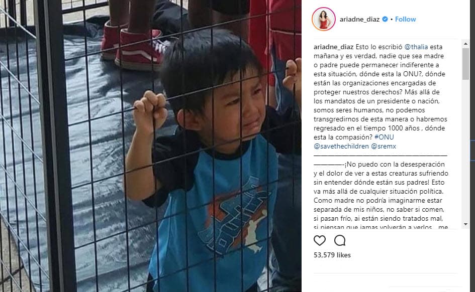 En su cuenta de Instagram, Ariadne retomó las palabras de Thalía y la fotografía que se ha viralizado para denunciar el maltrato del que son víctimas los niños migrantes para emitir su opinión al respecto.