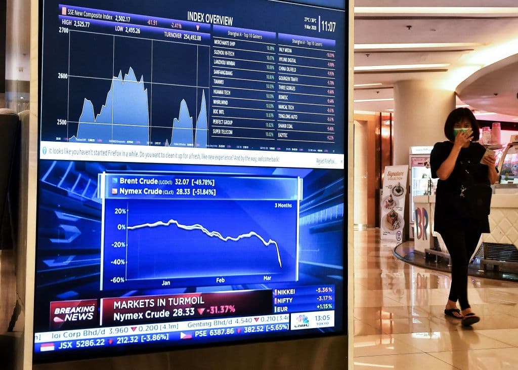 Una pantalla mostrando el desplome de los mercados asiáticos en un centro comercial de Bankog.