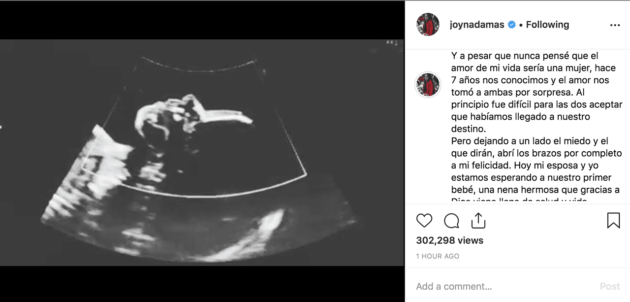 "Y a pesar de que nunca pensé que el amor de mi vida sería una mujer, hace siete años nos conocimos y el amor nos tomó a ambas por sorpresa. Al principio fue difícil para las dos aceptar que habíamos llegado a nuestro destino.
<br>Pero dejando a un lado el miedo y el qué dirán, abrí los brazos por completo a mi felicidad."