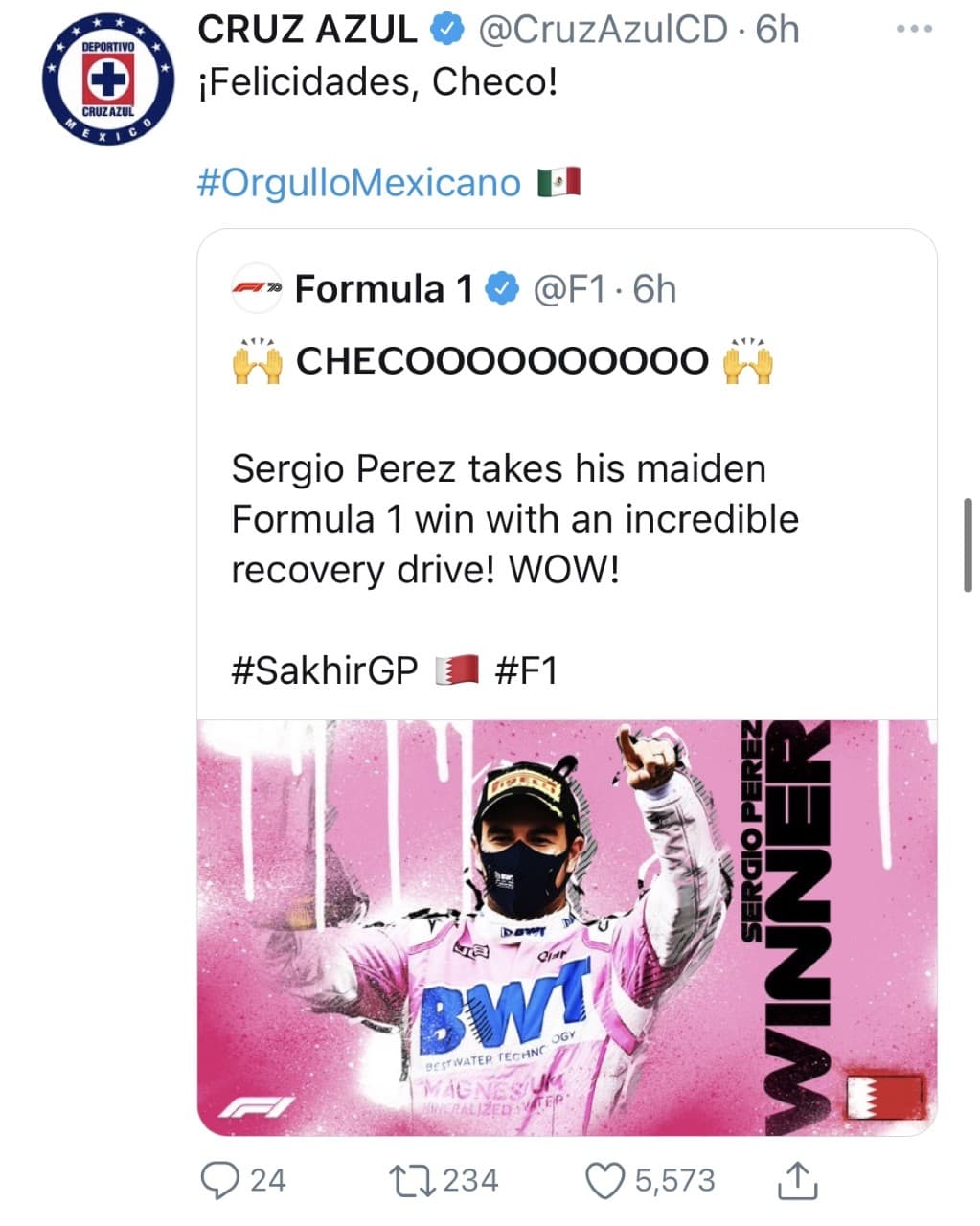 No dejan de caer felicitaciones en las redes sociales para Sergio Pérez tras su victoria en las Formula 1. ¡Histórico!