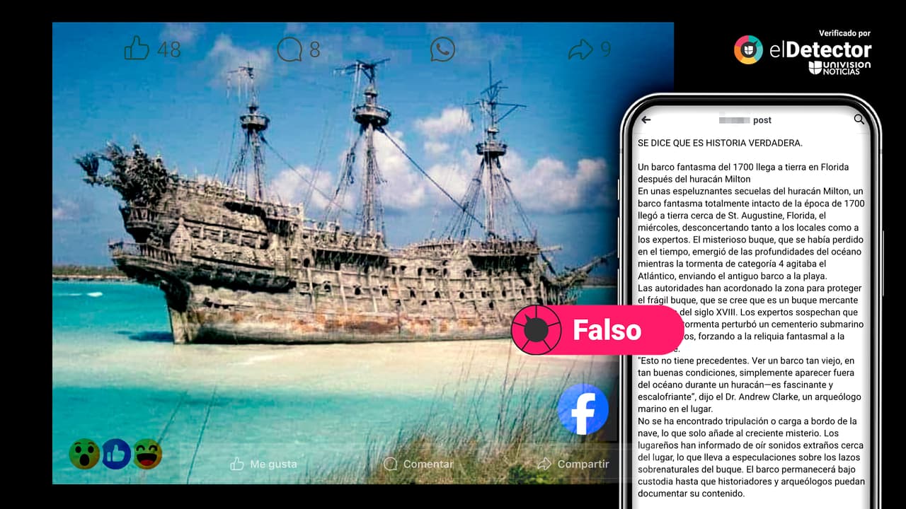 Es falso que esa fotografía muestra un barco que apareció en Florida tras el huracán Milton