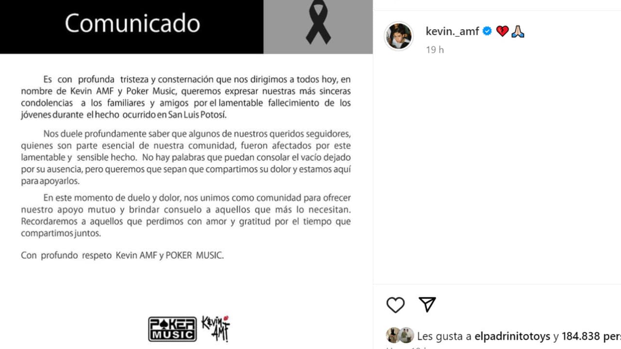Con este comunicado, Kevin Montero lamentó la tragedia suscitada minutos antes del concierto que él daría en San Luis Potosí.