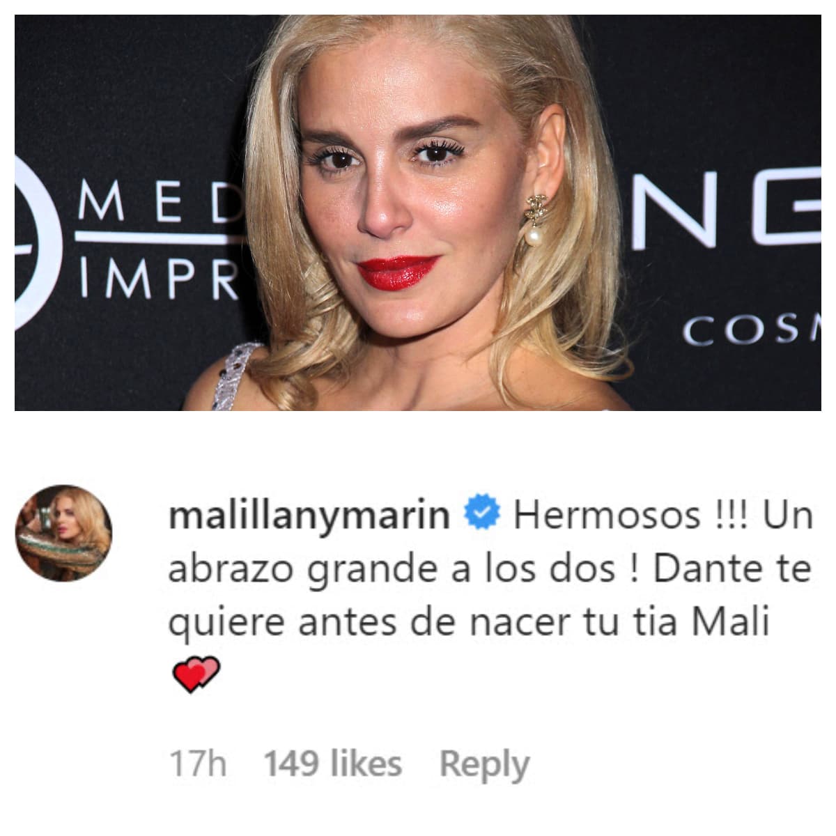 La publicación provocó varias reacciones por parte de algunos de sus famosos colegas. Por ejemplo, 
<b><a href="https://www.univision.com/famosos/35-fotos-para-amar-a-malillany-marin-fotos" target="_blank">Malillany Marín</a></b> le escribió: "¡Hermosos! ¡Un abrazo grande a los dos! Dante te quiere antes de nacer. Tu tía, 'Mali'". 
<br>