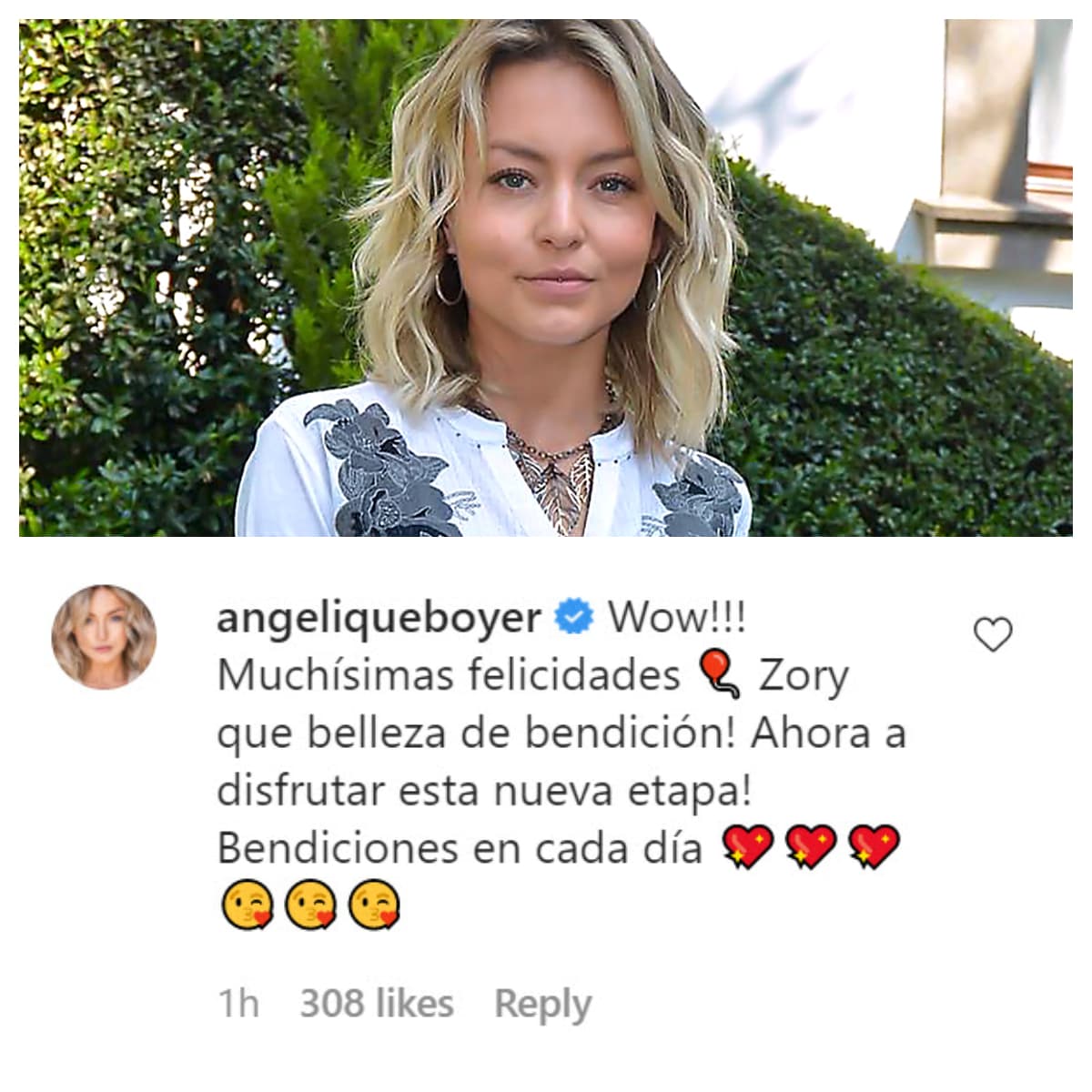 Una de ellas fue
<b><a href="https://www.univision.com/famosos/angelique-boyer-revela-como-se-lleva-con-santiago-el-hijo-de-sebastian-rulli-y-su-ex-cecilia-galliano-fotos" target="_blank">Angelique Boyer</a></b>, quien escribió: "¡Wow! Muchísimas felicidades, 'Zory', qué belleza de bendición ¡Ahora a disfrutar esta nueva etapa! Bendiciones en cada día".
<br>