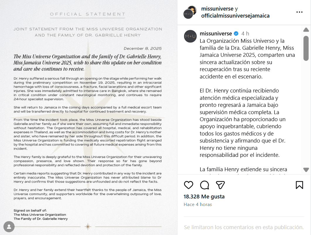 Miss Universe Organization emitió este comunicado hablando del estado de Miss Jamaica, Gabrielle Henry.