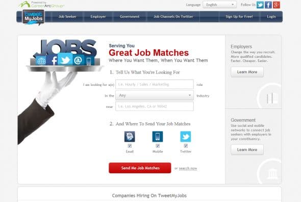 TweetMyJobs: es un sitio herramienta para encontrar alertas de trabajo en las redes sociales. Te envía las mejores oportunidades laborales a tu correo, tuiter o Facebook.