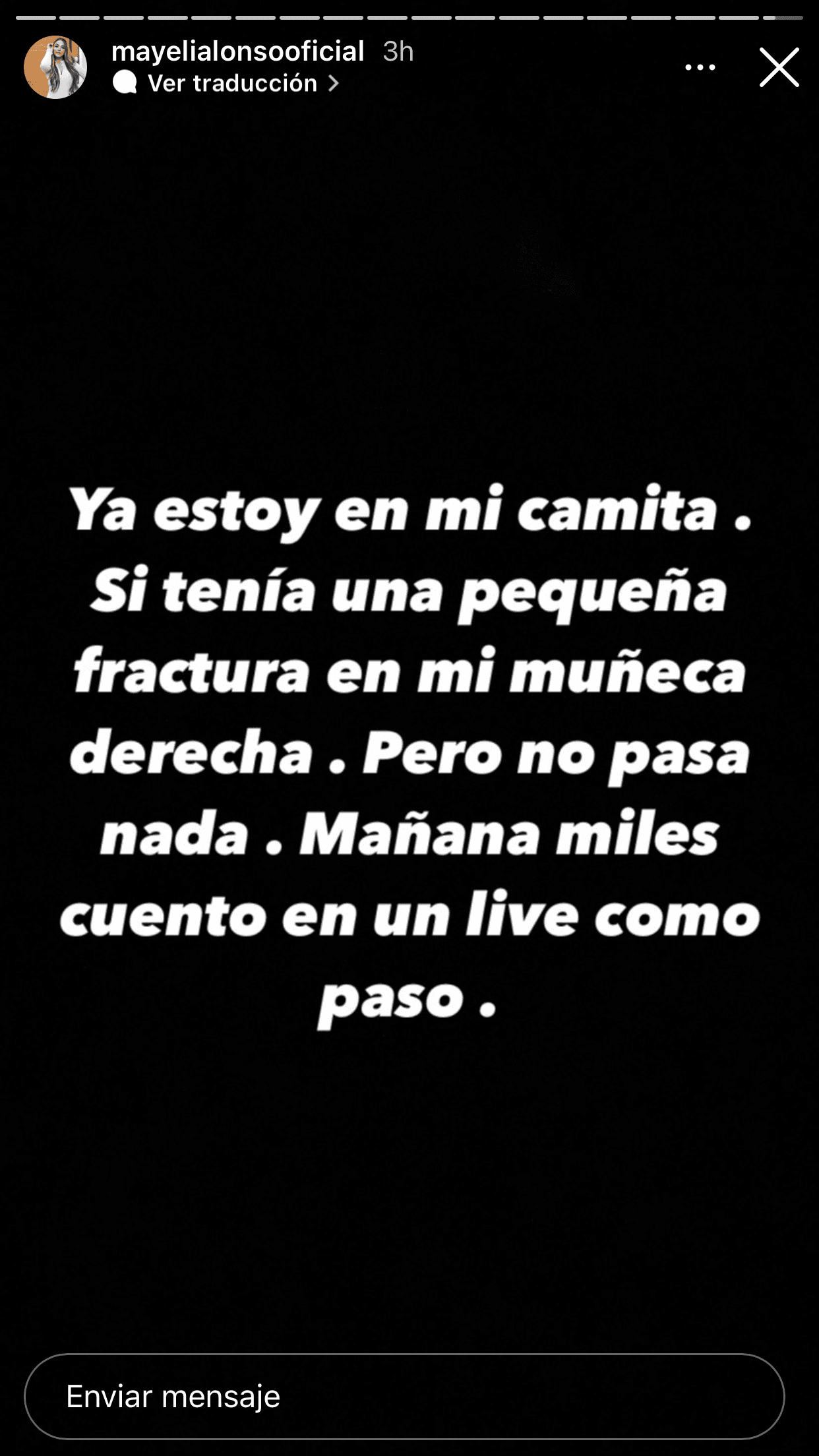 Durante la madrugada de este domingo 1 de agosto, dio a conocer que ya estaba en su casa y que el diagnóstico fue 
<b><a href="https://www.univision.com/shows/el-gordo-y-la-flaca/asi-quedo-el-mercedes-benz-en-el-que-mayeli-alonso-y-jesus-mendoza-sufrieron-un-aparatoso-accidente-video" target="_blank">"fractura" en la "muñeca derecha"</a></b>. No especificó mayores detalles sobre lo sucedido y advirtió que después lo relataría. 
<br>