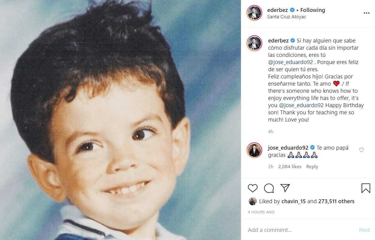Su papá, el comediante Eugenio Derbez, también le dejó un mensaje de cumpleaños: "Si hay alguien que sabe cómo disfrutar cada día sin importar las condiciones, eres tú 
<a href="https://www.instagram.com/jose_eduardo92/">@jose_eduardo92</a> . Porque eres feliz de ser quien tú eres.
<br>¡Feliz cumpleaños hijo! Gracias por enseñarme tanto. Te amo".