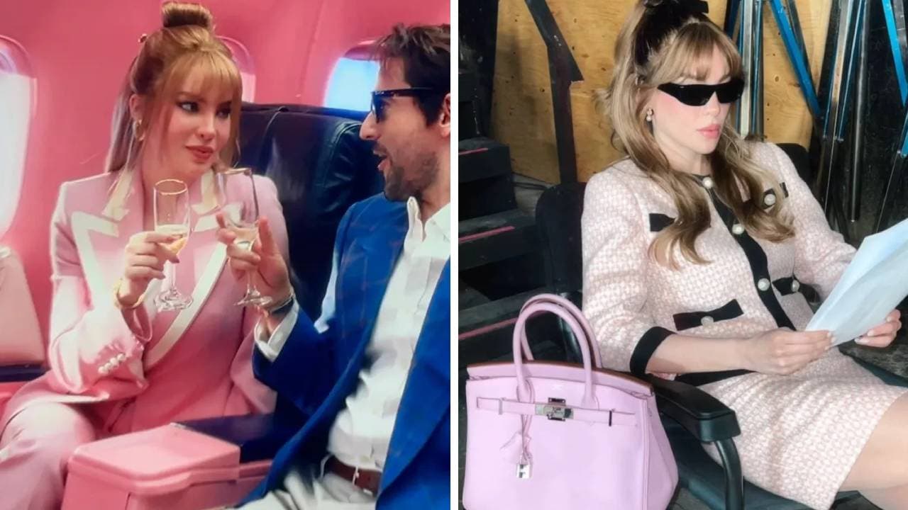 Derecha, traje sastre de Dolce & Gabbana costaría $3,730 dólares; del lado izquierdo usa un bolso Birkin.