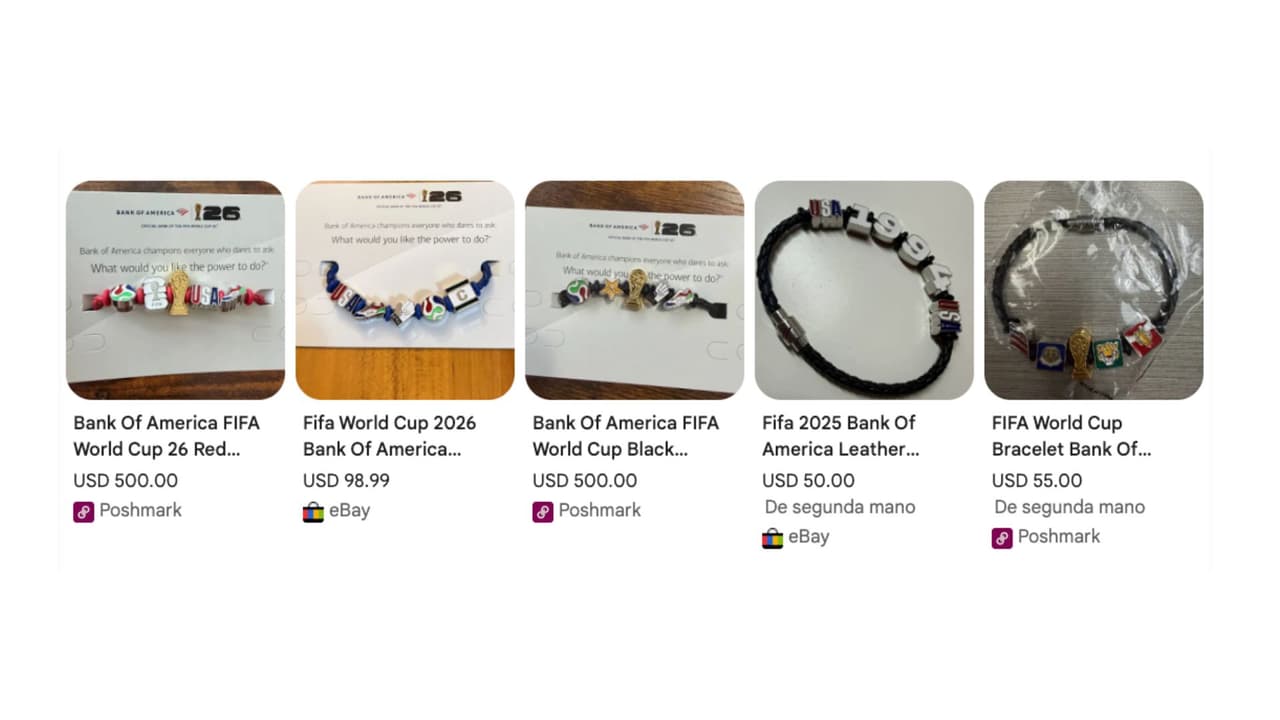 Pulseras que eran gratis ya aparecen en reventa hasta por $500. La imagen muestra publicaciones en eBay y Poshmark de las BofA Fan Bands.