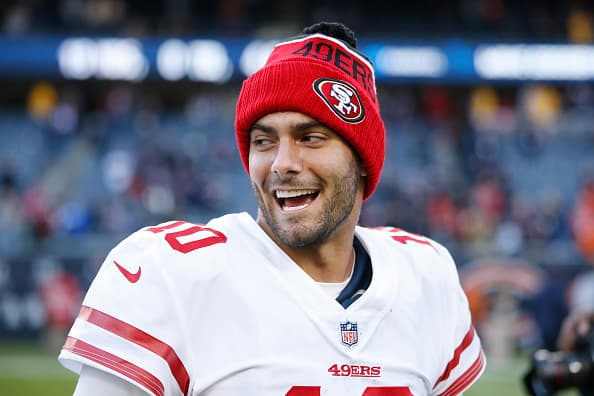 CHICAGO, IL - DECEMBER 03: Jimmy Garoppolo #10 of the San Francisco 49ers looks on after a game against the Chicago Bears at Soldier Field on December 3, 2017 in Chicago, Illinois. The 49ers won 15-14. (Photo by Joe Robbins/Getty Images)