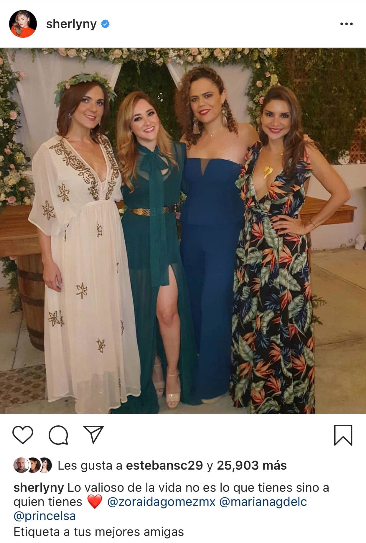 Sherlyn también compartió esta 
<b><a href="https://www.instagram.com/p/B5JDbdoANkN/" target="_blank">instantánea</a></b> de la boda en la que aparece acompañada por la actriz Zoraida Gómez, la senadora mexicana Mariana Gómez del Campo y la conductora Elsa Rentería, quienes también asistieron al enlace.