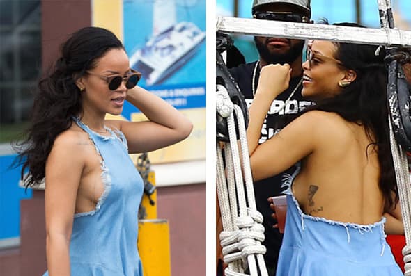 Hce unos meses Rihanna casi se destapa y queda sin nada, pues además de usar un vestido provocador, se despojó del sostén.