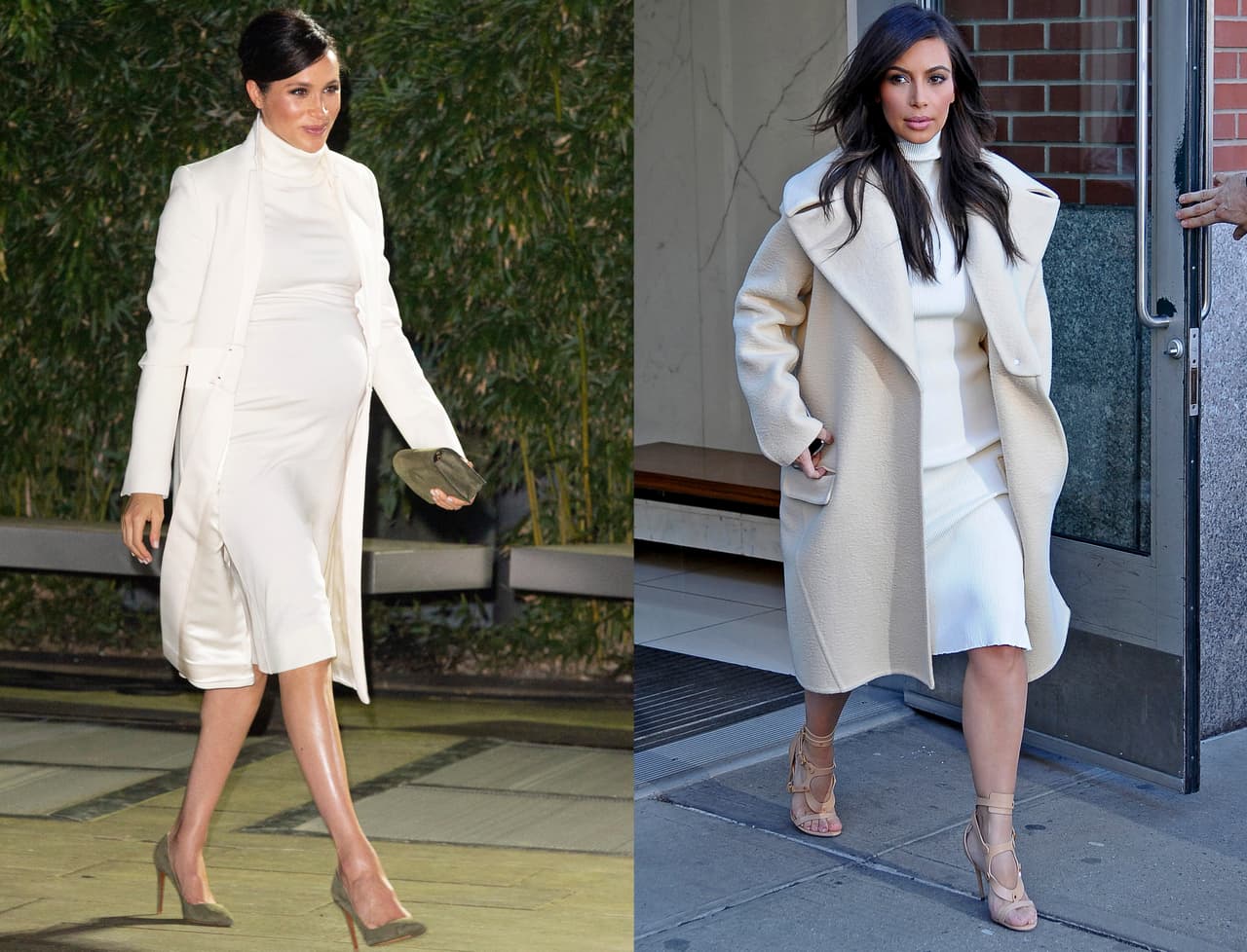 La duquesa y Kardashian volvieron a ser sorprendidas llevando un atuendo muy parecido. El año pasado, la esposa del príncipe Harry usó un vestido Calvin Klein y un abrigo firmado por Amanda Wakeley; mientras que en 2014 la madre de North West eligió un vestido y una gabardina de Celine, y tacones de Tom Ford.
