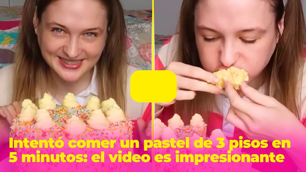 ¿Te comerías un pastel de 3 pisos en 5 minutos? Esta modelo lo intentó y el resultado es impresionante