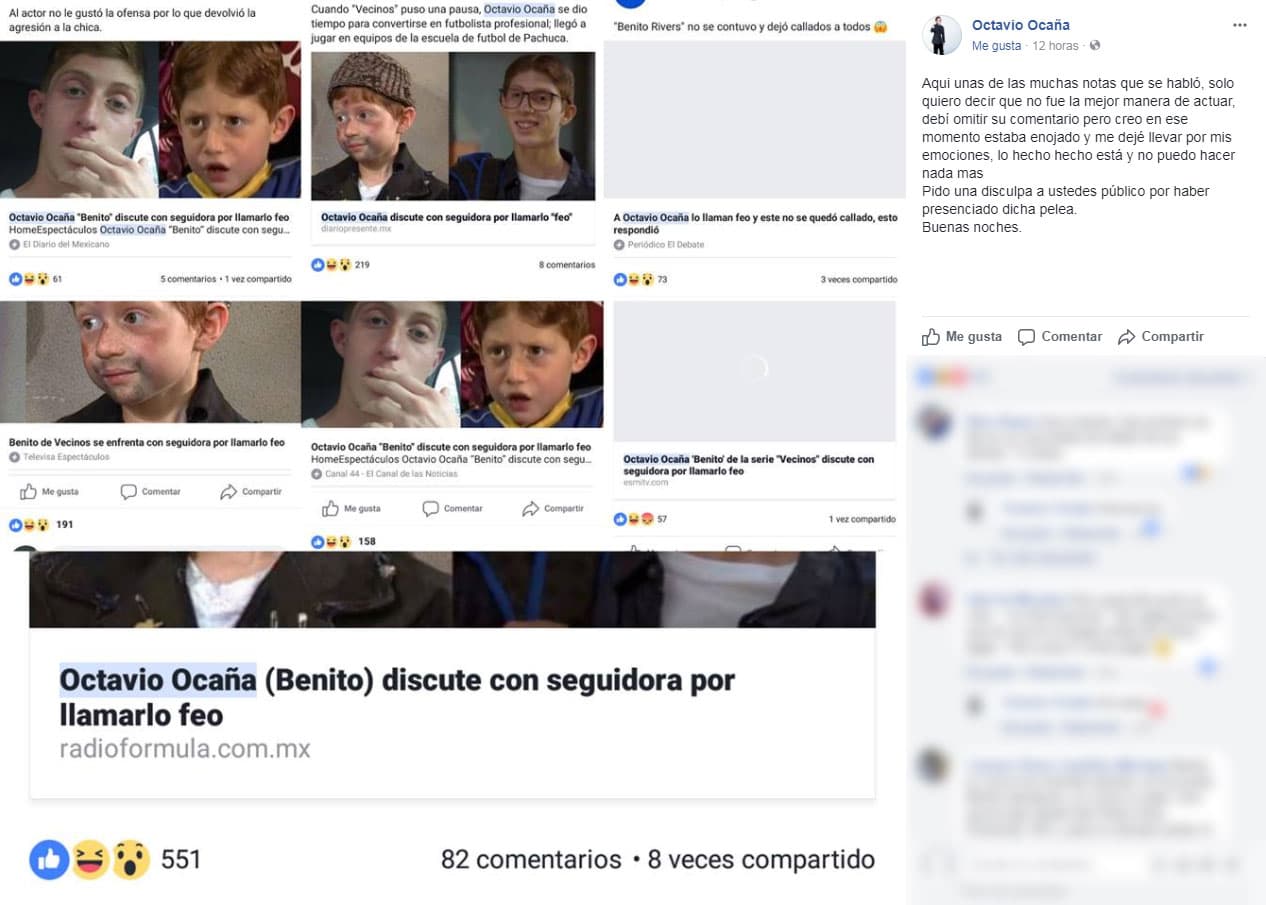 Sin embargo, días después 
<b>Octavio pidió disculpas</b> en la misma red social por haber reaccionado de esa manera: "Aquí unas de las muchas notas que se habló, solo quiero decir que no fue la mejor manera de actuar, debí omitir su comentario pero creo en ese momento estaba enojado y me dejé llevar por mis emociones, lo hecho hecho está y no puedo hacer nada más. Pido una disculpa a ustedes público por haber presenciado dicha pelea. Buenas noches".