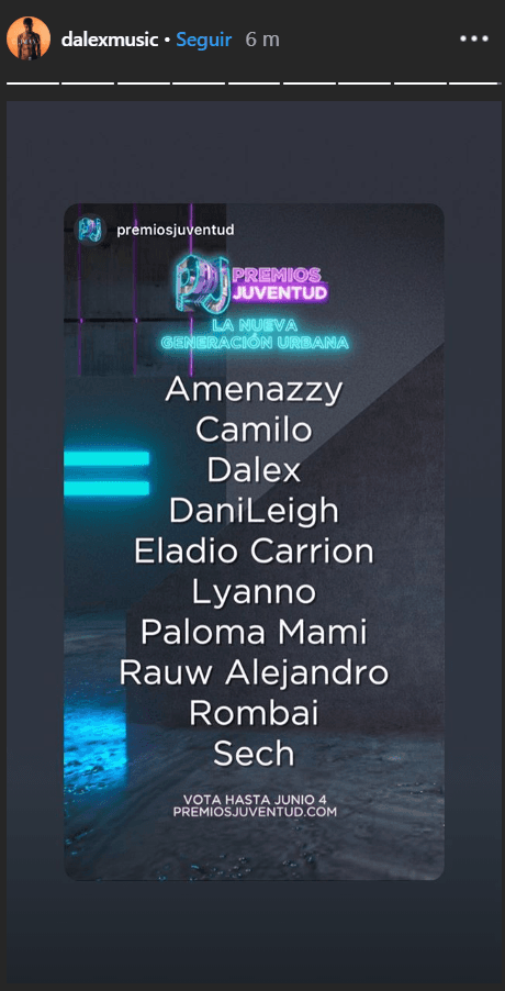 Dalex, quien comparte categoría con Amenazzy, Camilo, DaniLeigh, entre otros; usó sus historias de Instagram para dar a conocer la nominación.