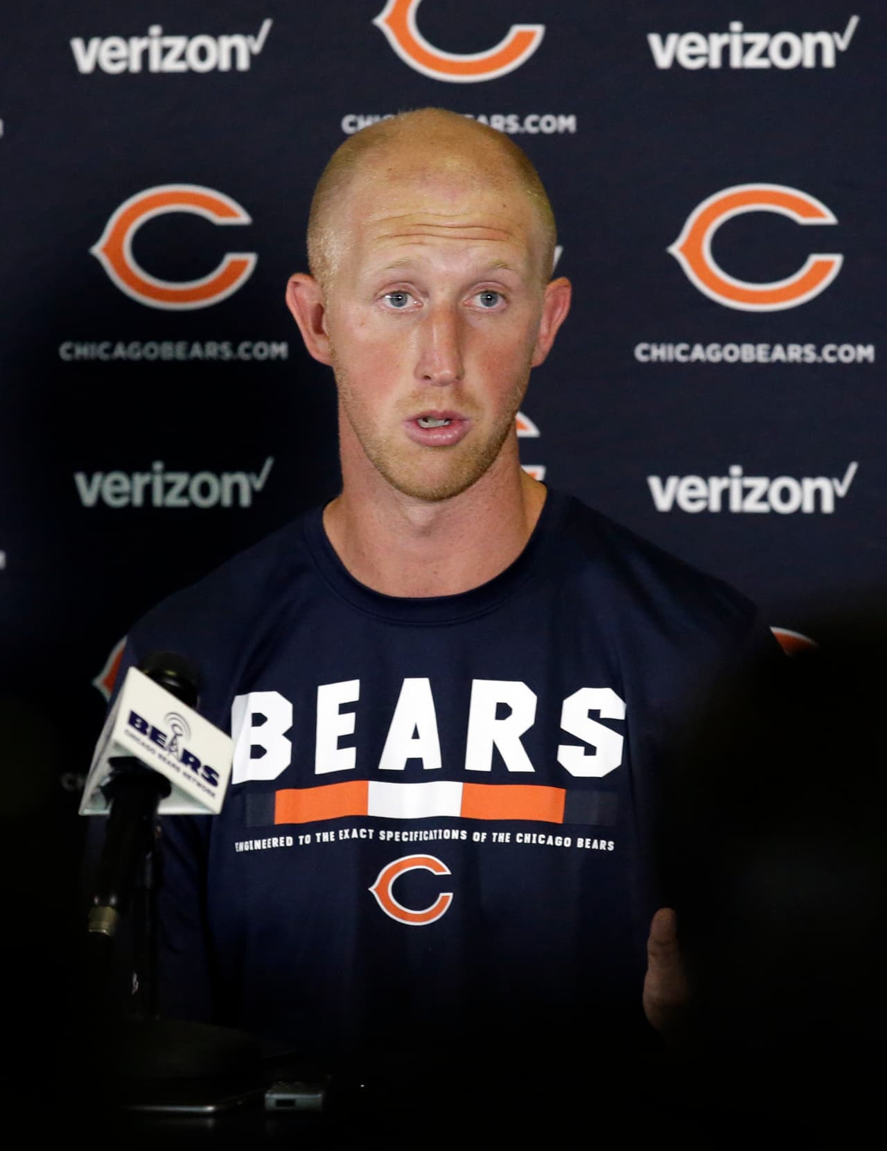 Chicago Bears quarterback Mike Glennon speaks at a news conference during an NFL football training camp in Bourbonnais, Ill., Wednesday, July 26, 2017. (AP Photo/Nam Y. Huh)