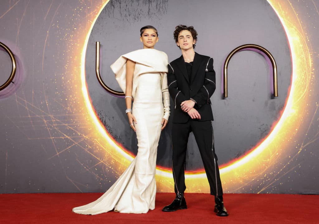 LONDON, ENGLAND - OCTOBER 18: (L-R) Zendaya and Timothée Chalamet attend the UK Special Screening of "Dune" at Odeon Luxe Leicester Square on October 18, 2021 in London, England. (Photo by Tim P. Whitby/Tim P. Whitby/Getty Images for Warner Bros)