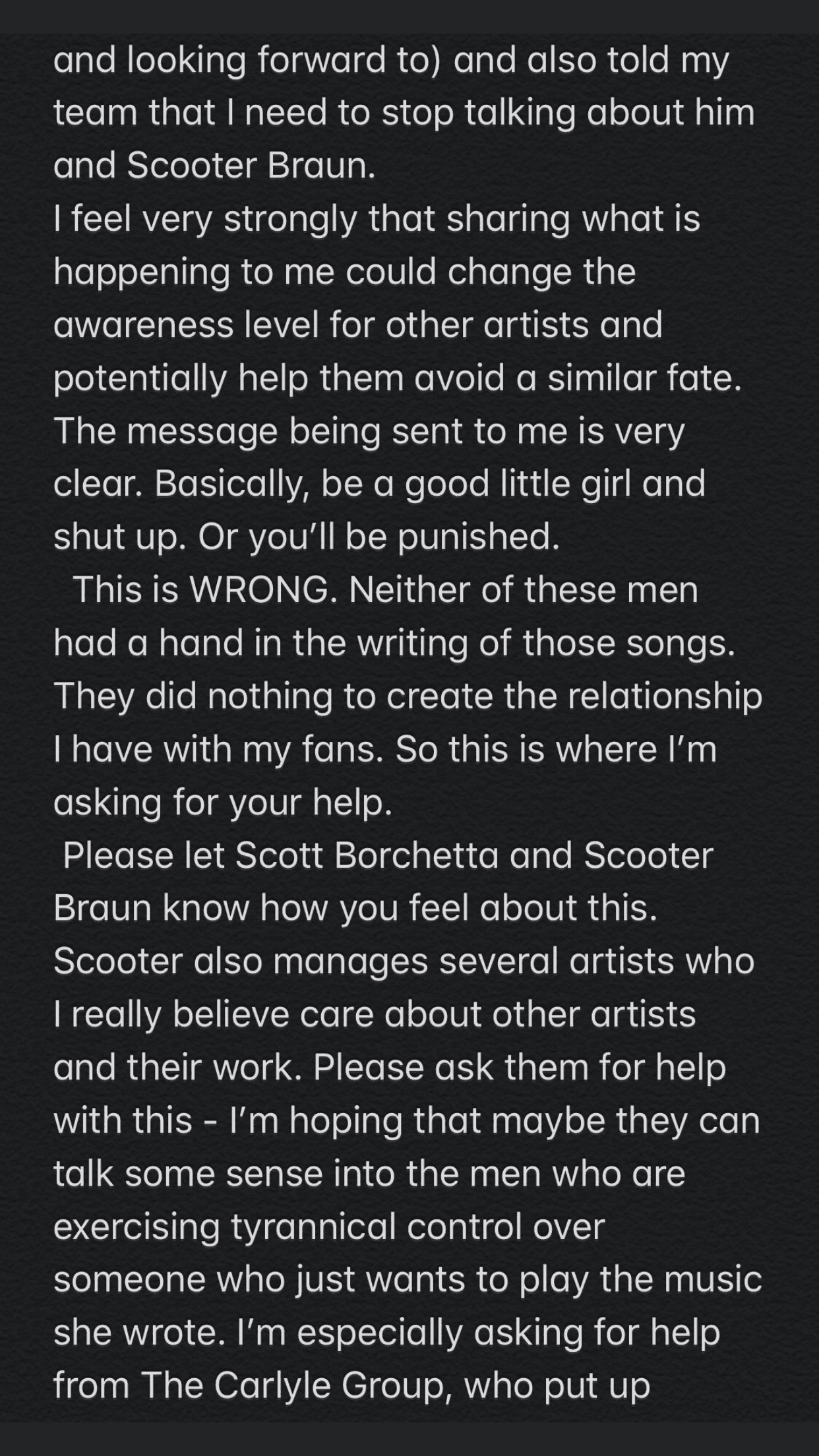 "Creo profundamente que compartir lo que me está pasando puede cambiar el nivel de conciencia en otros artistas y potencialmente les ayudará a 
<b>evitar un destino parecido</b>", escribió.
<br>