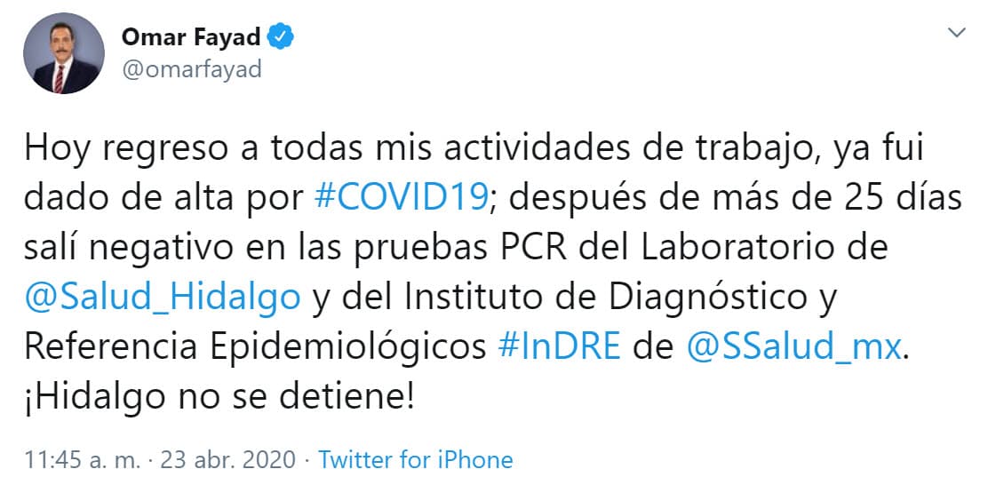 Casi un mes después, el 23 de abril, anunció que había sido dado de alta tras haberse sometido a una tomografía y a pruebas PCR para confirmar que estaba
<b>libre del virus</b>.
<br>