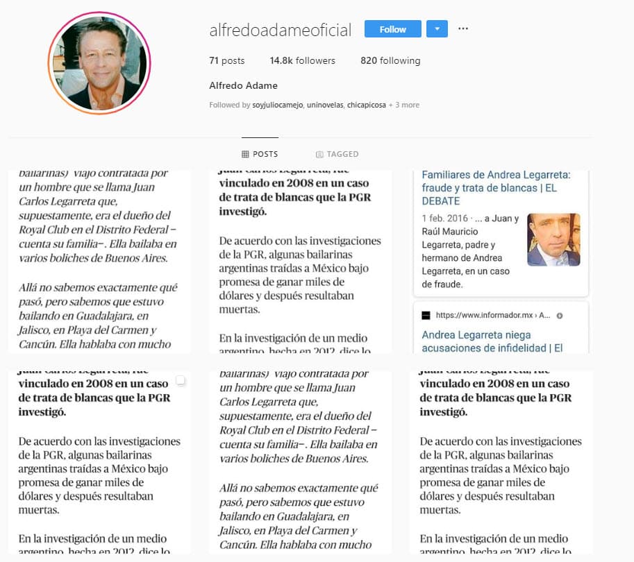 Adame mostró una serie de imágenes de una noticia que se titula "Familiares de Andrea Legarreta: fraude y trata de blancas", historia publicada por el portal de noticias 
<a href="https://www.debate.com.mx/show/Familiares-de-Andrea-Legarreta-fraude-y-trata-de-blancas-20160201-0167.html" target="_blank">El Debate</a> , la cual ya no está disponible en su sitio web.
<br>