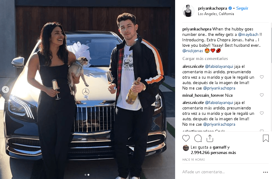 La misma Priyanka se encargó de mostrar su regalo en 
<b><a href="https://www.instagram.com/priyankachopra/" target="_blank">Instagram</a></b> y junto a la foto escribió: "Cuando el esposo es el número uno, su esposita recibe un Maybach".