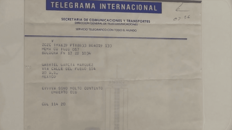 Este es un telegrama enviado a García Márquez por el escritor italiano Umberto Eco (1932-2016).