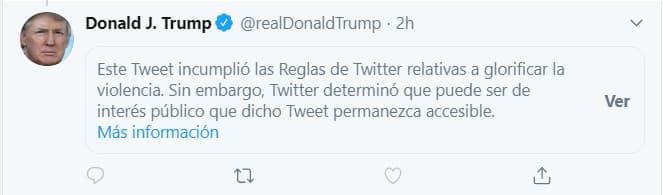 Twitter añadió este mensaje sobre el mensaje del presidente, pero dejó la opción Ver para acceder al tuit.