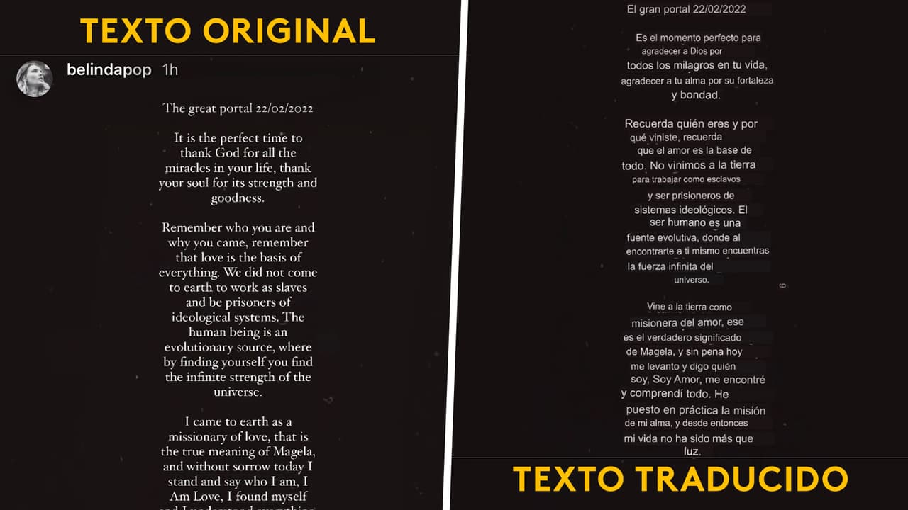 Este fue el mensaje con el que reapareció Belinda. A la derecha, la imagen de una traducción hecha por uno de los seguidores de la cantante.