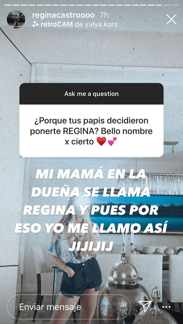 "
<b><a href="https://www.univision.com/novelas/novelas-show-temp/todas-las-novelas-de-angelica-rivera-fotos#fdbdbeb20000" target="_blank">Mi mamá en La Dueña se llama Regina</a> </b>y pues por eso me llamó así. Ji ji ji", confesó. 
<br>