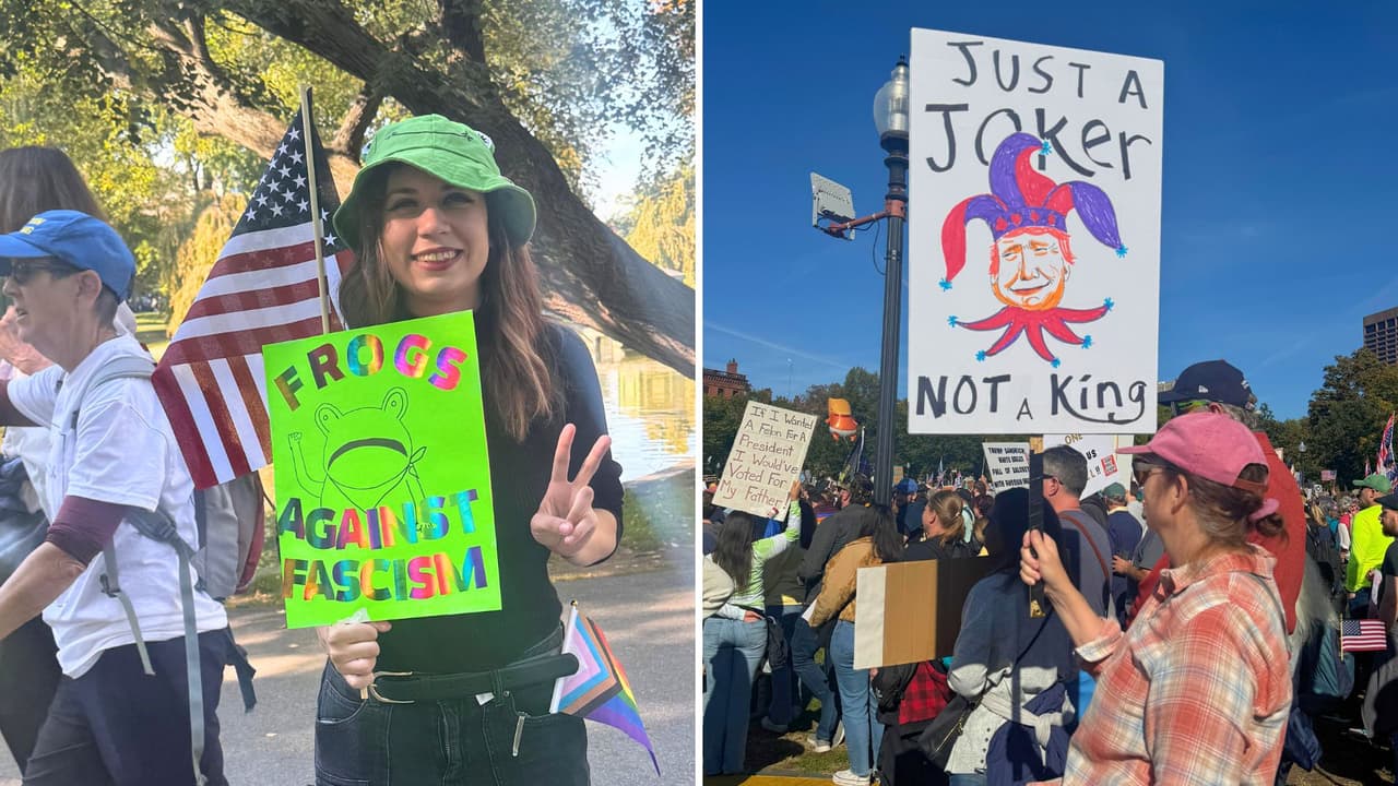 'Ranas contra el fascismo' y otros mensajes en la masiva protesta ‘No Kings’ en Boston