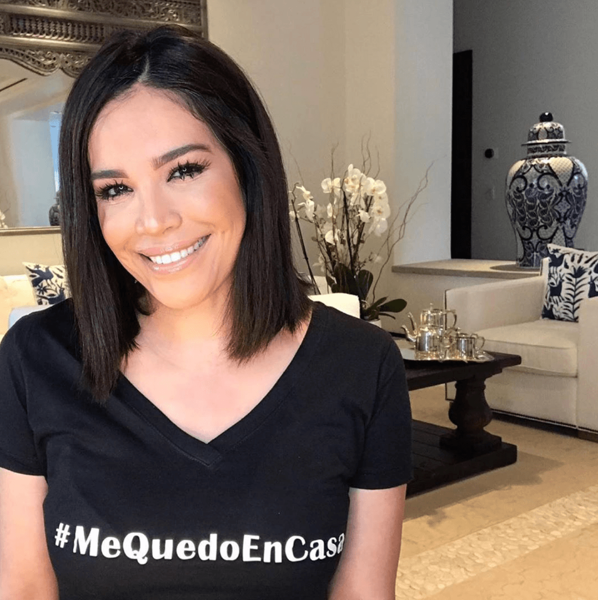 Karla Martínez también navega con la bandera de 'Me quedo en casa' y así de linda luce en la sala de su residencia informando al público de Despierta América.