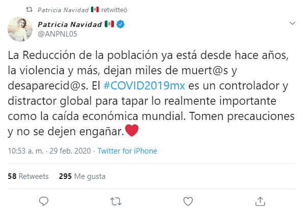 Desde su punto de vista, el coronavirus fue creado para "controlarnos y distraer" a la población mundial y pidió a sus seguidores que "no se dejen engañar".