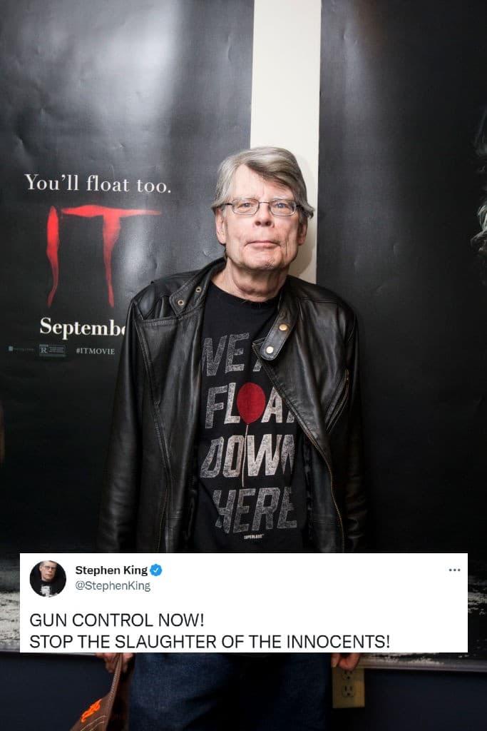 El famoso escritor de terror,
<b>Stephen King</b>, mostró su enojo ante el tiroteo: "¡Control de armas ahora! ¡Alto a la masacre de inocentes!",
<br>