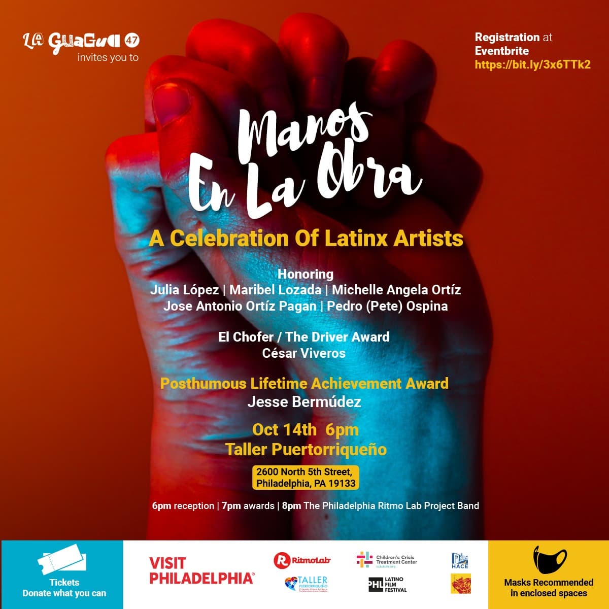 <b><a href="https://www.laguagua47.com/">La Guagua 47’s Celebration of Latinx Artists at Taller Puertorriqueño (14 de octubre)</a></b>. El evento honra a cinco artistas locales de la comunidad latina. Espere una noche de música en vivo, arte, baile y mucha comida excelente en un ambiente festivo en el norte de Filadelfia.