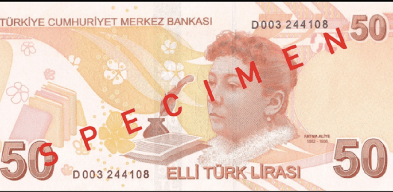 <h3 class="cms-H3-H3">Fatma Aliye Topuz (1862 - 1936)</h3>
<br>
<br>🪙
<b>Conocida como:</b> primera novelista del mundo musulmán.
<br>
<br>🪙
<b> País: </b>Turquía.
<br>
<br>🪙
<b>Denominación: </b>50 liras.
<br>